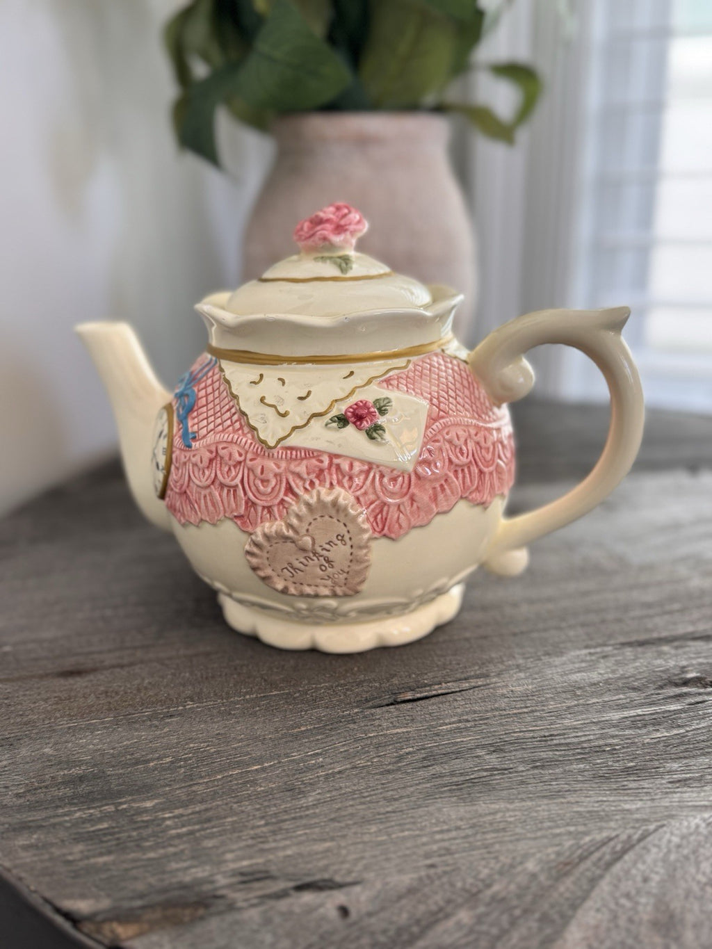 Seymour Mann Romance Teapot Thinking of You Clock Pink Lace Heart Rose Vtg
