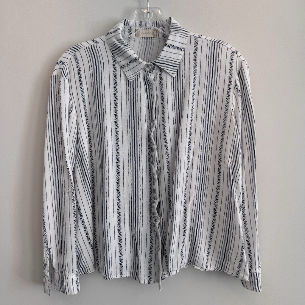 Altar'd State Cotton Linen Striped Button Down Shirt S White Blue Boho Women’s