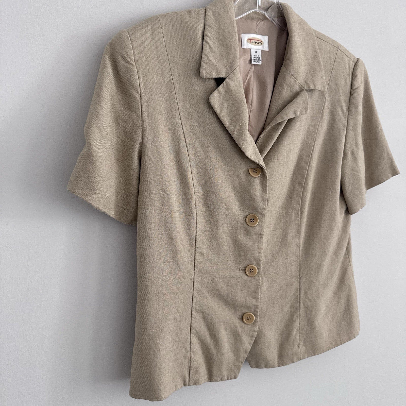 Talbots Linen Blazer Jacket Sz 12 Tan Short Sleeve 4 Button Career