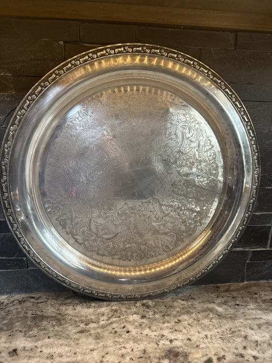 Antique Oneida Beautiful Round Butler Silver Serving Tray w Repousse Rim 17"