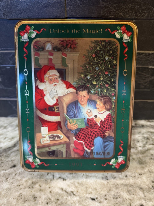 VINTAGE 1993 Oreo Cookie Unlock the Magic Santa Claus Tin Cannister 