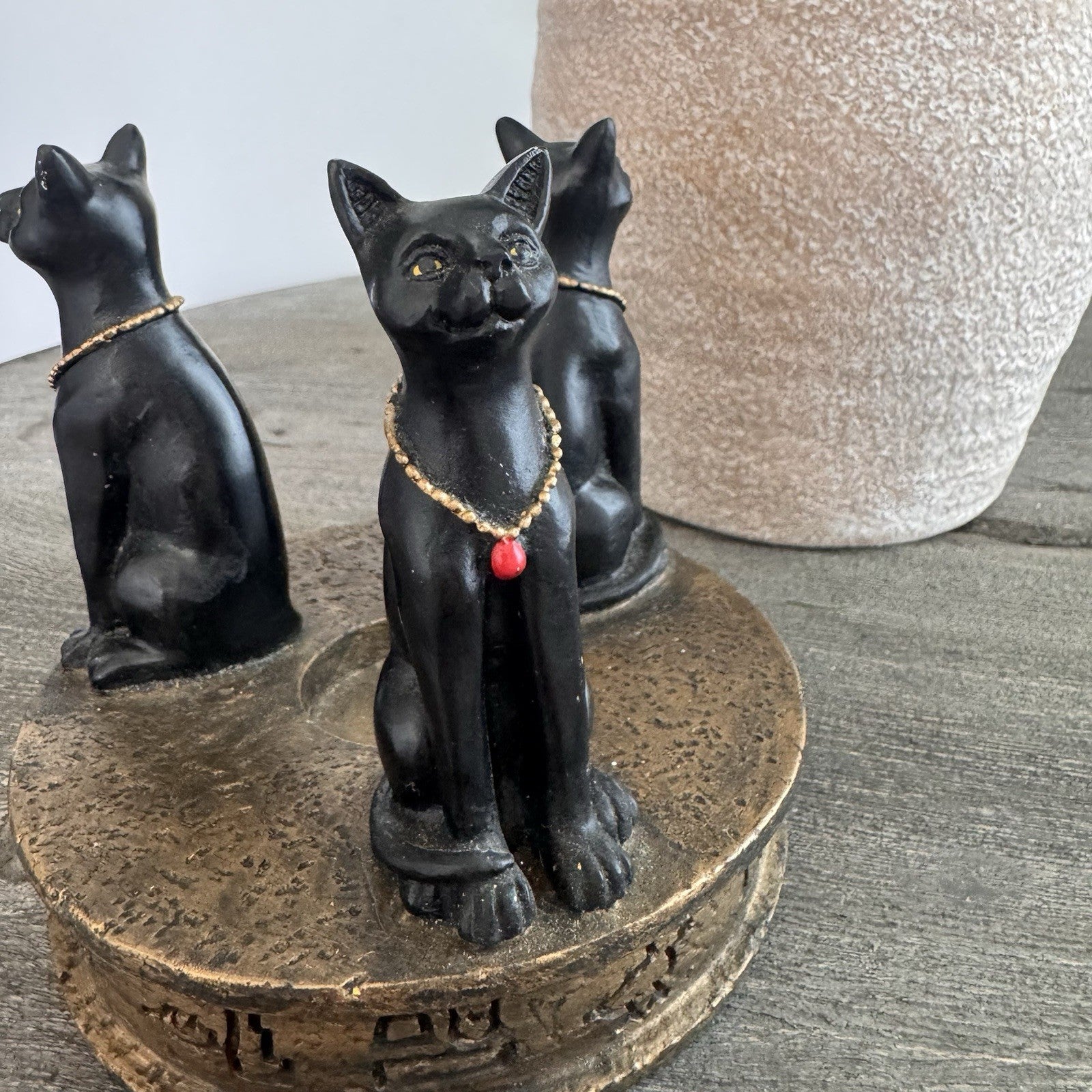 Egyptian Bastet Cat Candle Holder Trio Black Gold Resin Hieroglyphics Base