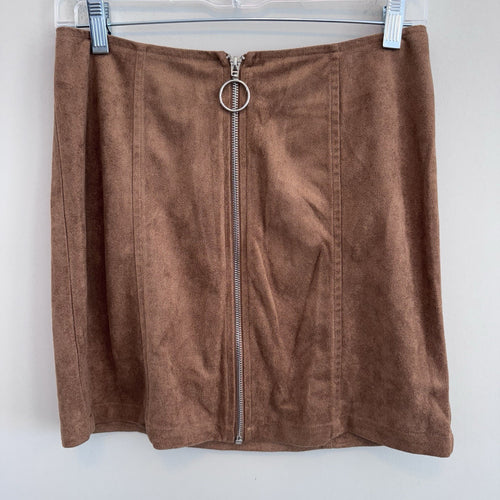 American Threads Faux Suede Mini Skirt M Brown Zip Front Y2K Boho