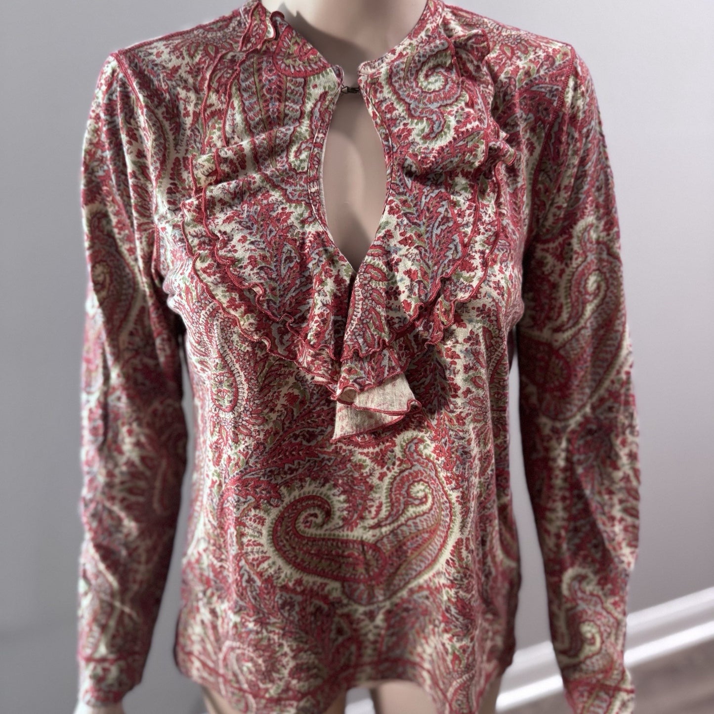 Lauren Ralph Lauren LRL Red Paisley Ruffle Blouse Women’s Large Cotton Top