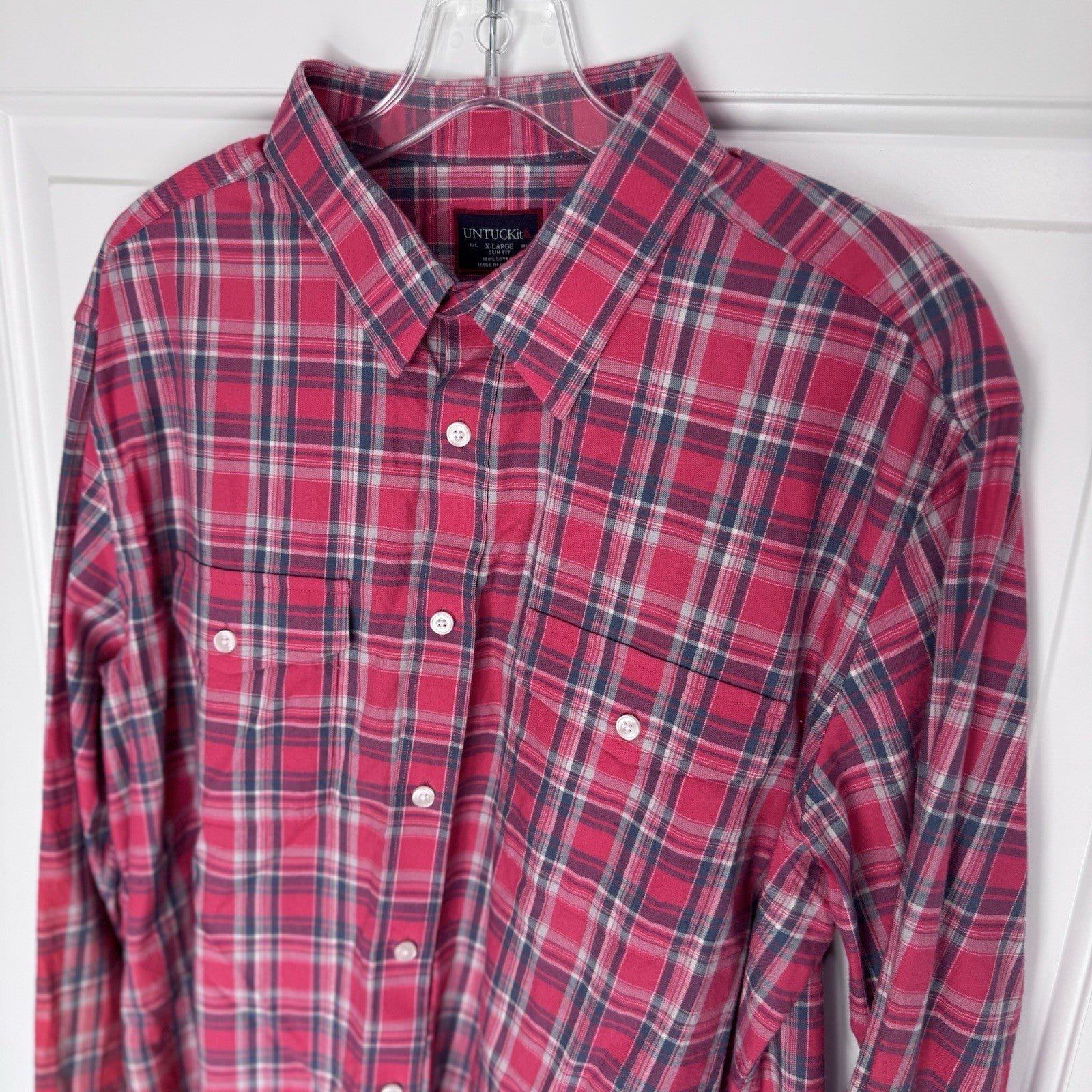 UNTUCKit Men’s XL Slim Fit Plaid Button Down Shirt Red Gray Cotton