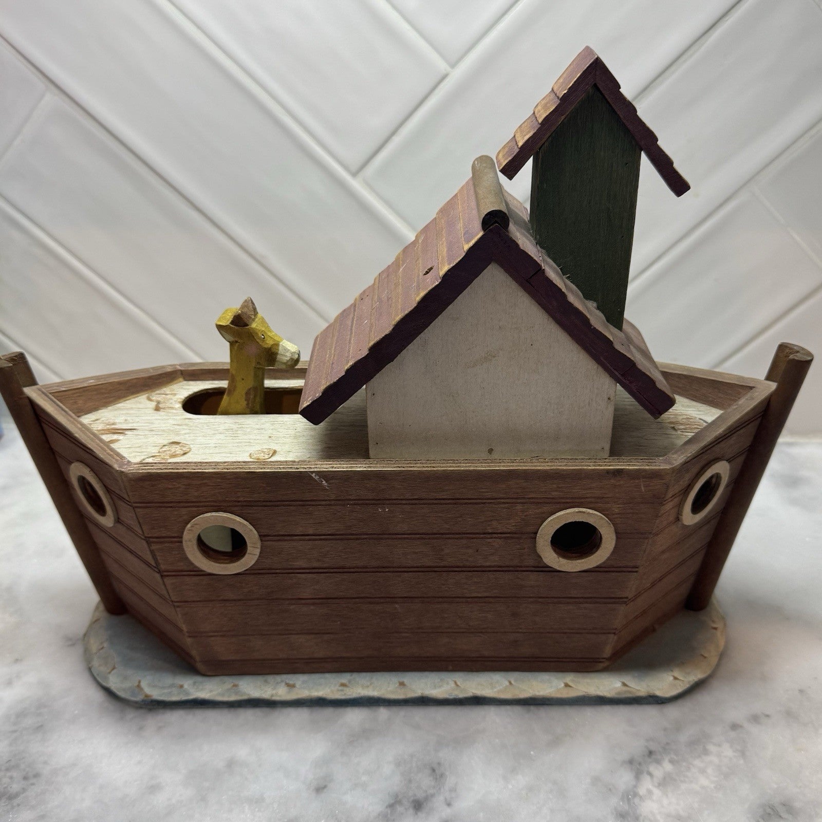Wooden Noah’s Ark Toy Boat Animas Giraffe Monkey Nursery Decor Vintage Playset