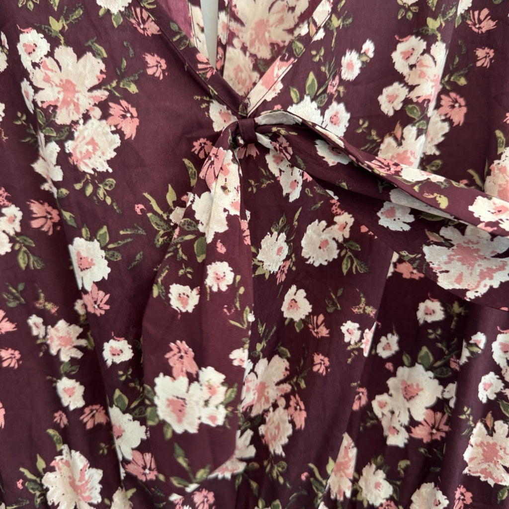 American Rag Cie Romper XL Burgundy Rose Floral Ruffle Hem Tie Front Pockets