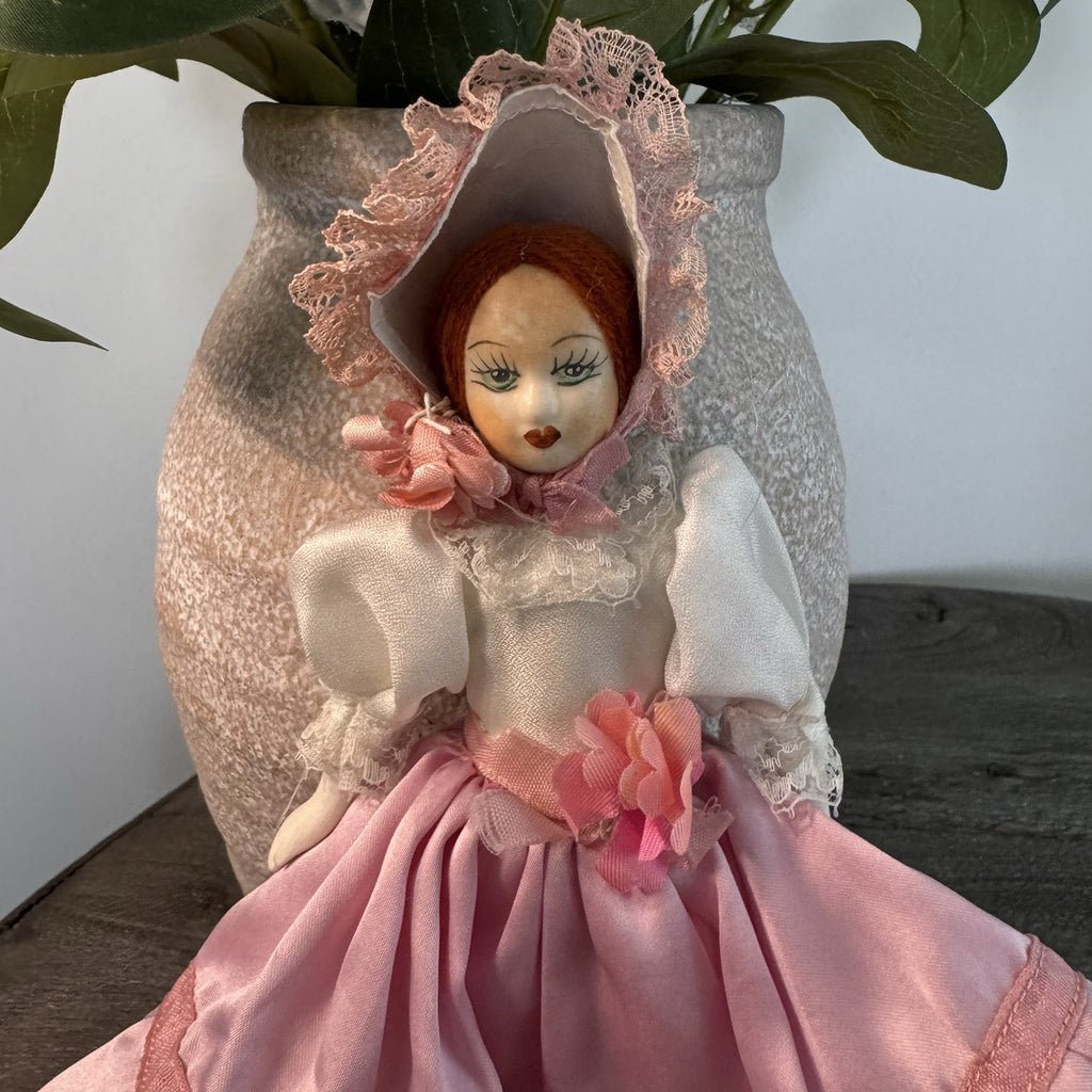 Vintage Bisque Porcelain Doll 8" Southern Belle Pink Satin Lace Dress Bonnet