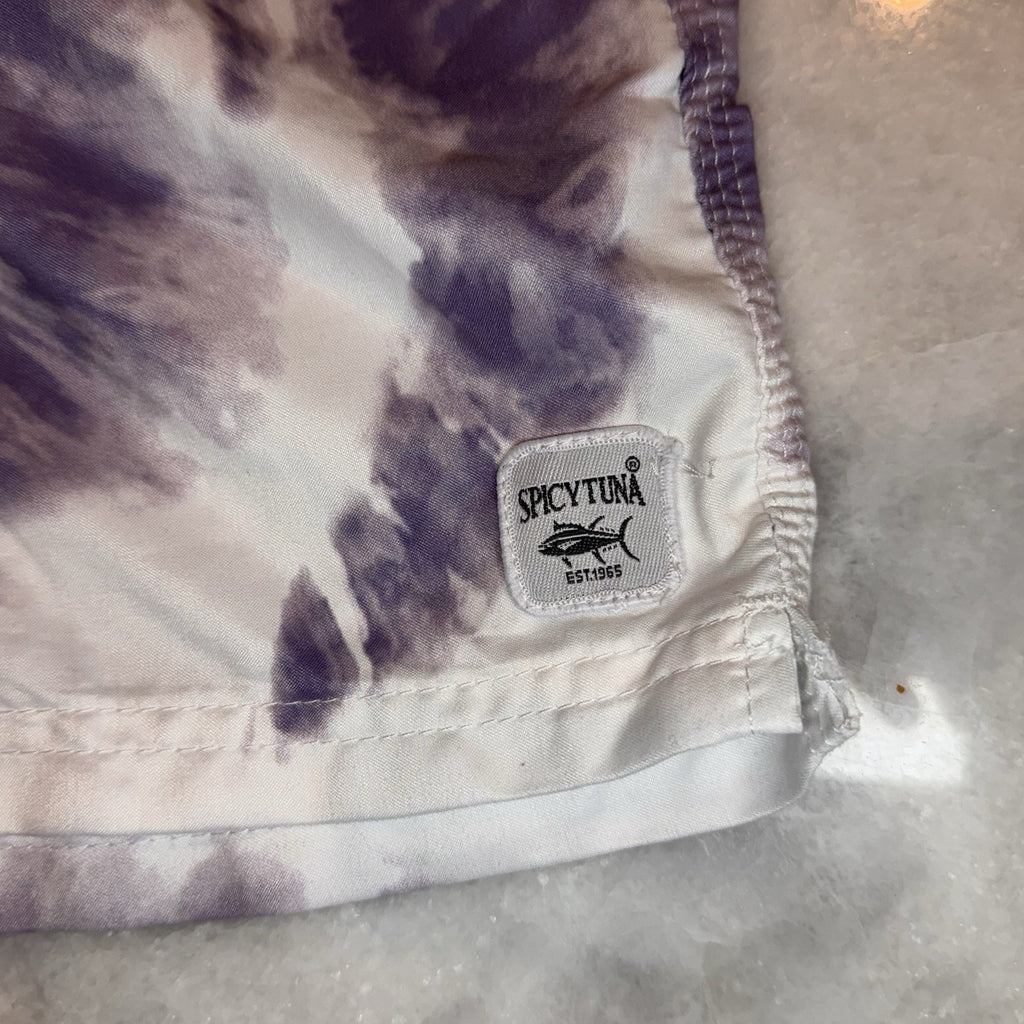 Spicy Tuna Boys Size 12 Swim Trunks Board Shorts Purple White Tie Dye Mesh Lined