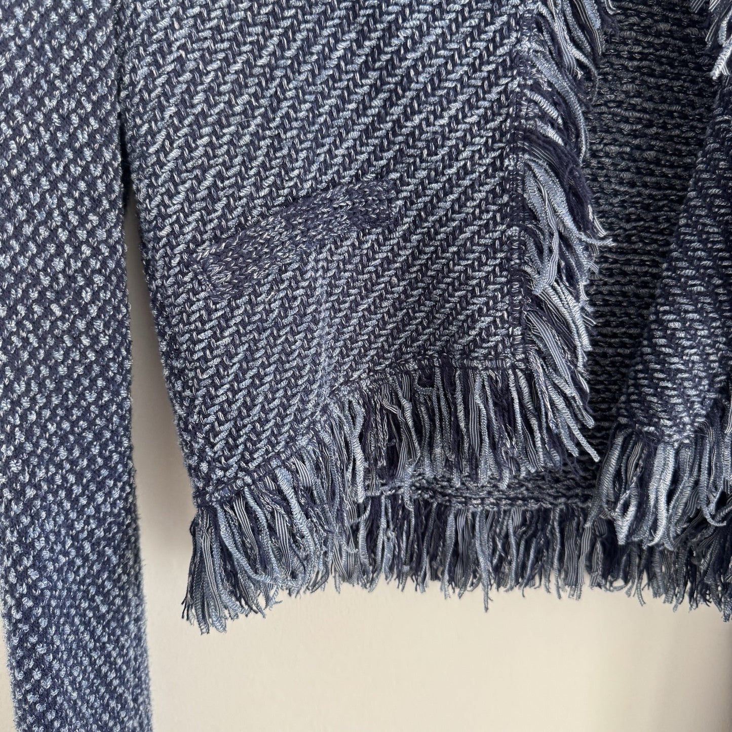 White House Black Market Fringe Knit Cardigan Blue Small Open Front