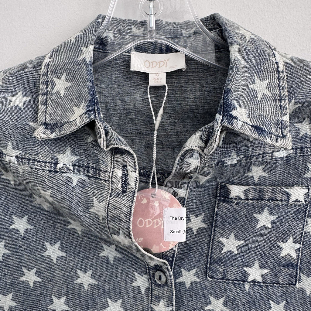 ODDI Kids Star Print Denim Dress Small Fringe Hem Button Front NWT
