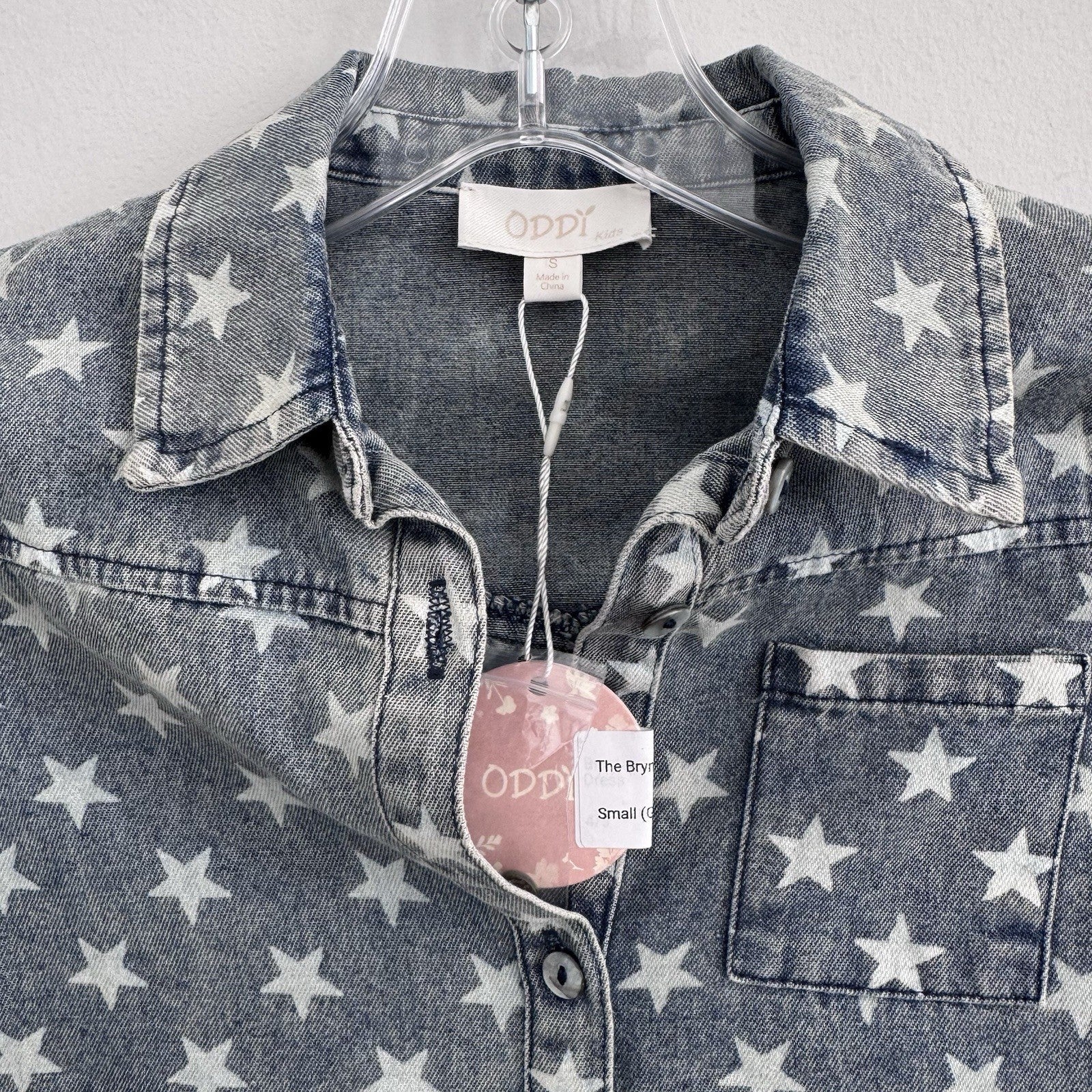 ODDI Kids Star Print Denim Dress Small Fringe Hem Button Front NWT