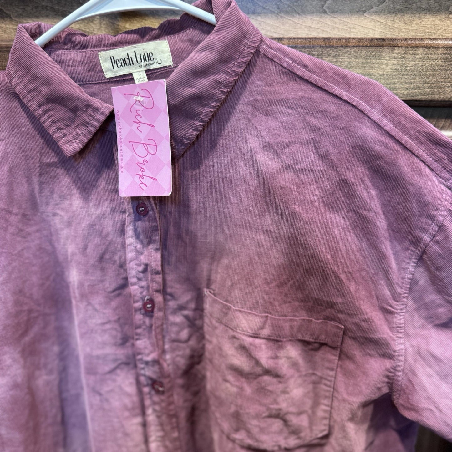 Peach Love California Acid Wash Button-Up Shirt - Small Purple Corduroy