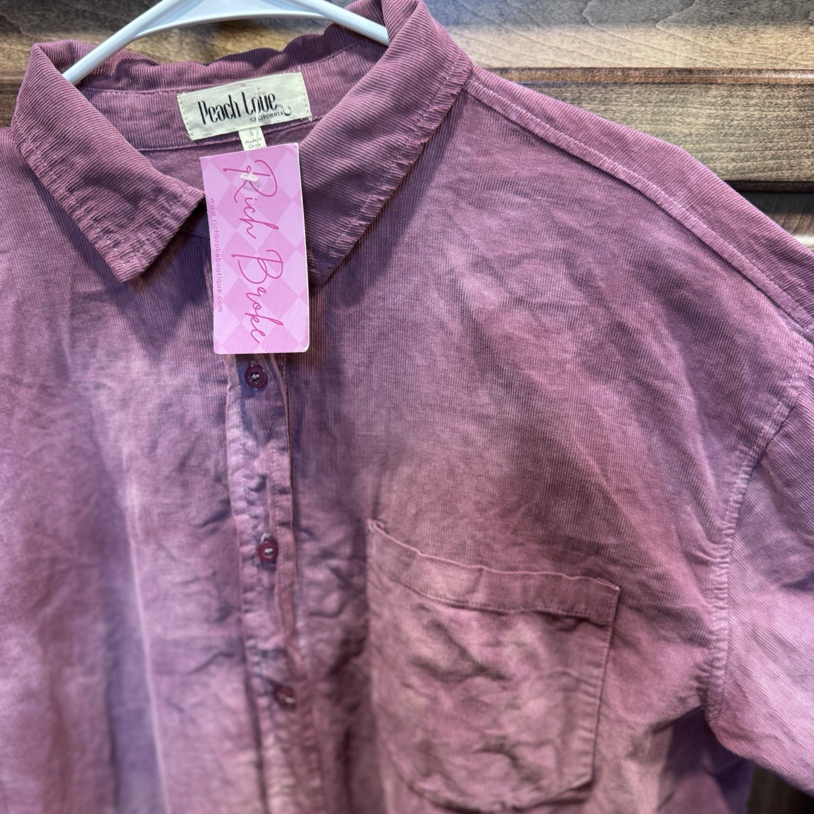 Peach Love California Acid Wash Button-Up Shirt - Small Purple Corduroy