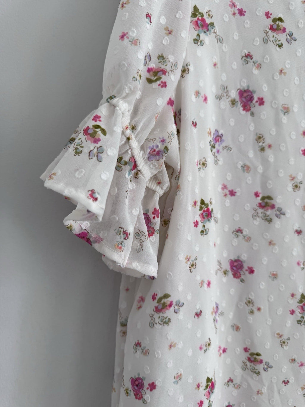 Reborn J Floral Swiss Dot Blouse Small Ivory Ruffle Sleeve