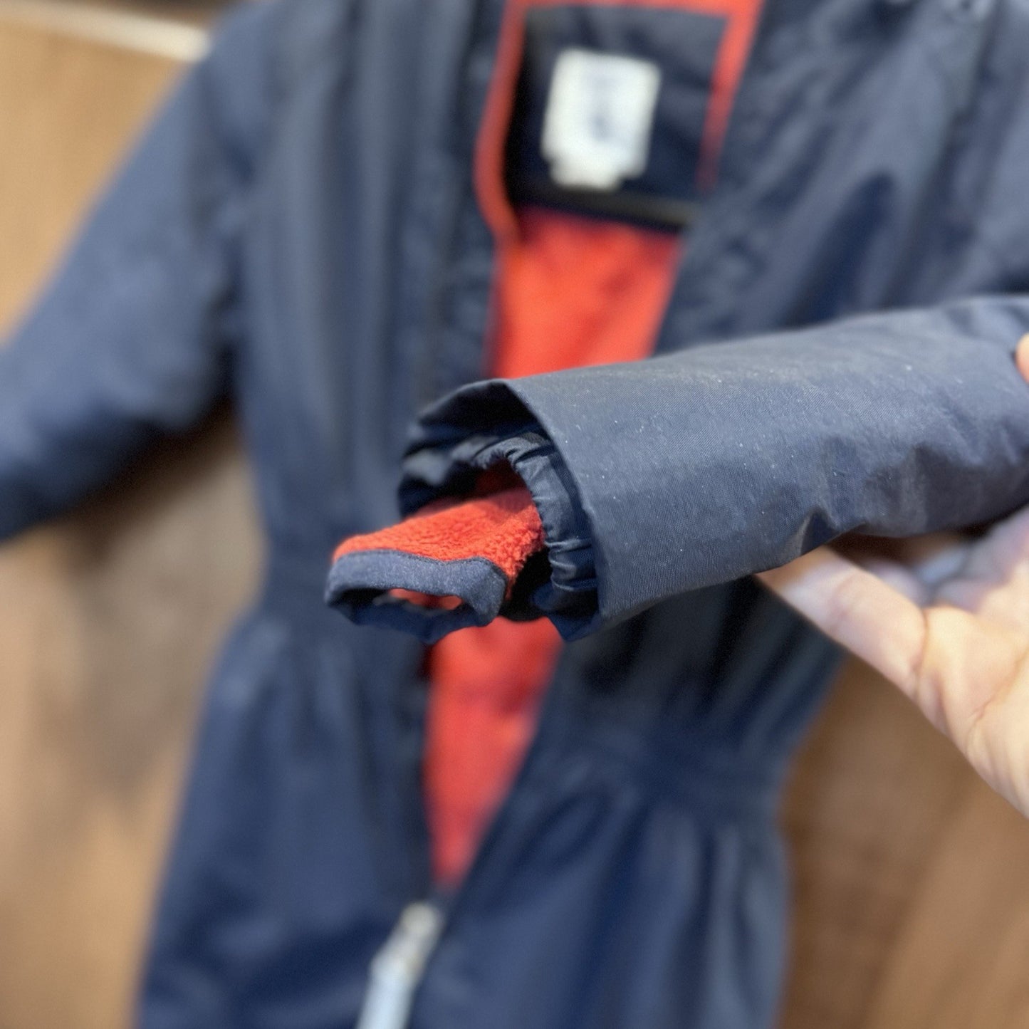 Lands’ End Kids Grow-A-Long Snowsuit 3T Navy Blue Red Hooded Winter One-Piece