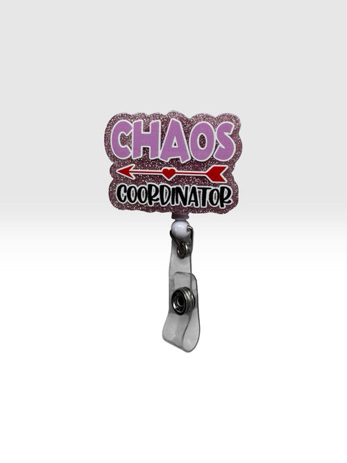 Chaos Coordinator Badge Reel Glitter Retractable ID Holder Pink Funny