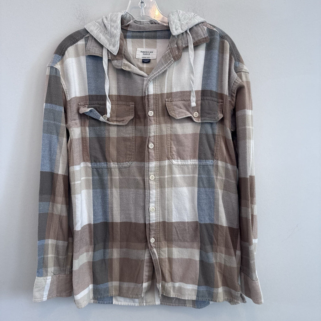 American Eagle Hooded Flannel Shirt XS Plaid Button Front Removable Hood