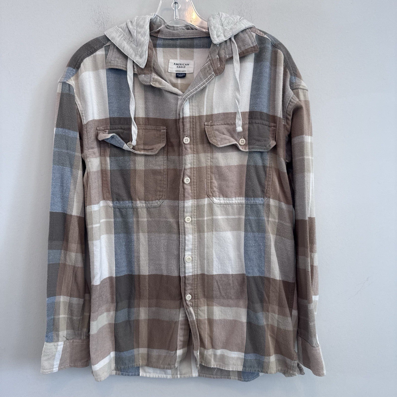 American Eagle Hooded Flannel Shirt XS Plaid Button Front Removable Hood
