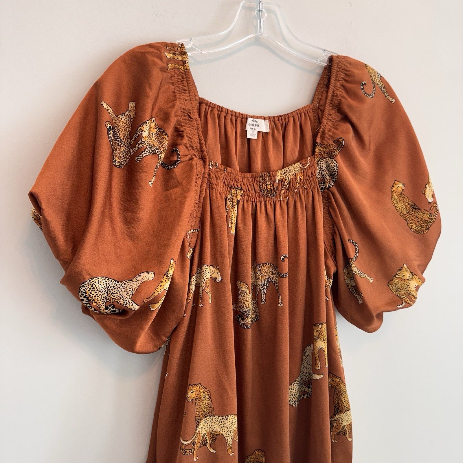Entro Leopard Print Puff Sleeve Mini Dress Women’s Small Boho Tiered Boutique