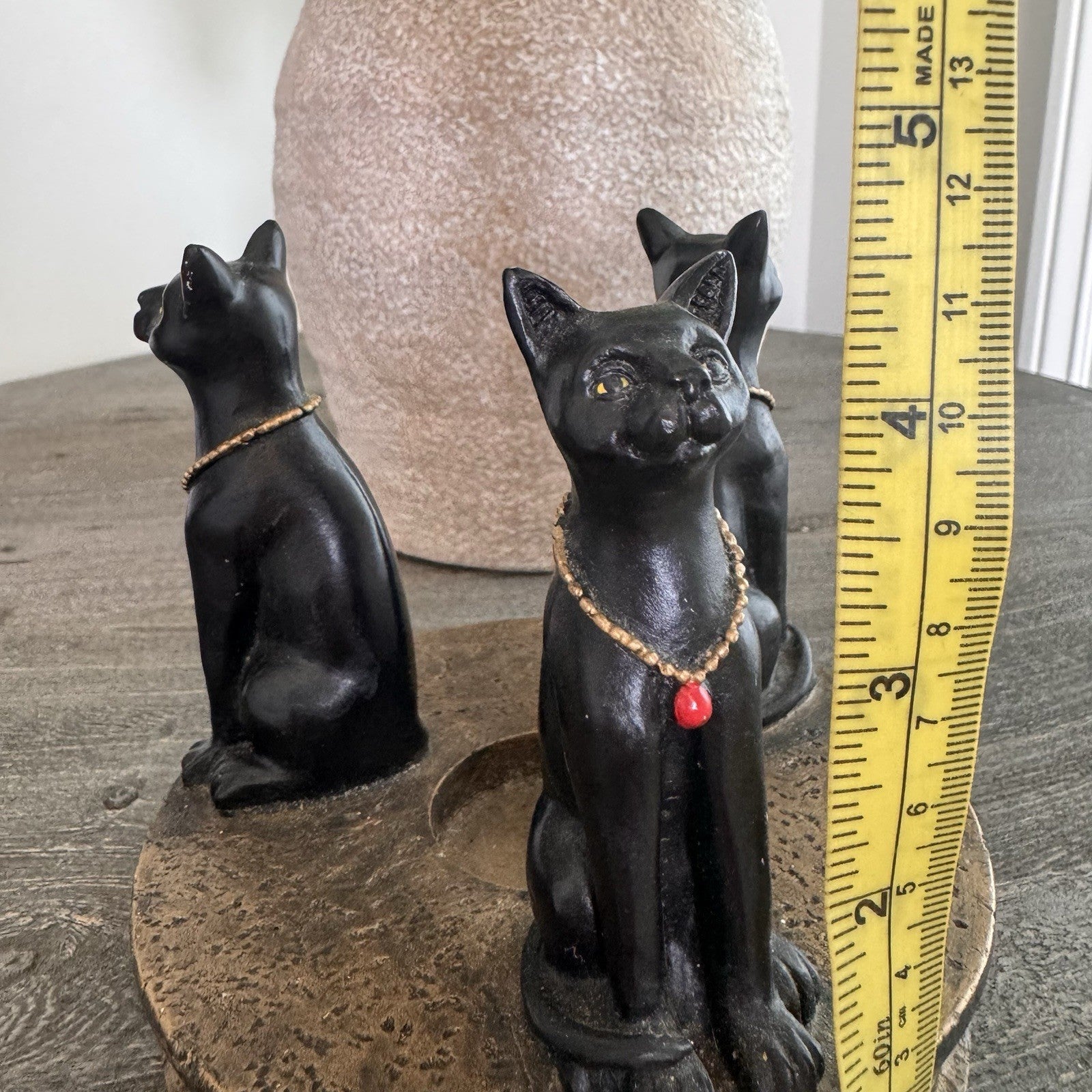 Egyptian Bastet Cat Candle Holder Trio Black Gold Resin Hieroglyphics Base