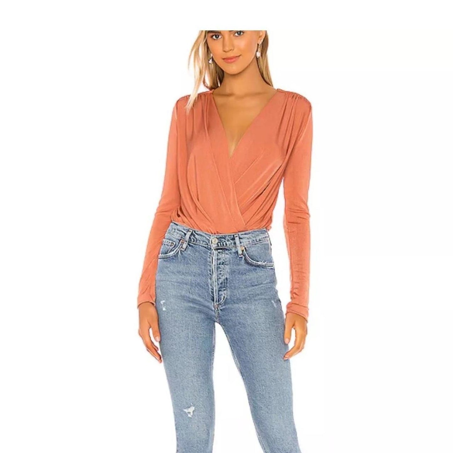 Free People Turnt Bodysuit Ginger Spice Womens XS Surplice Long Sleeve Shimmer