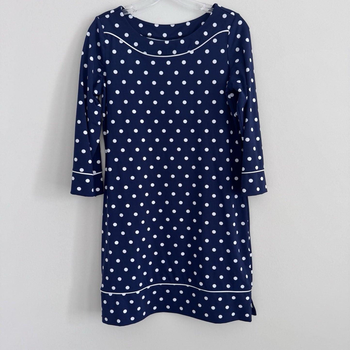 Lands End Dress Womens Sz Small Blue White Polka Dot Pullover 3/4 Sleeve Casual