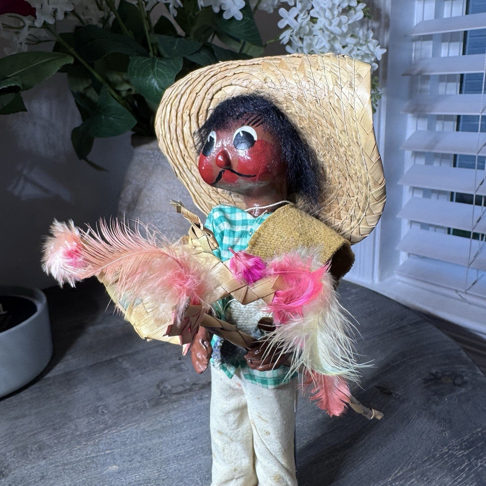VTG Mexican Folk Art Cloth Dolls Pair Hand Painted Man Woman Handmade Straw Hat