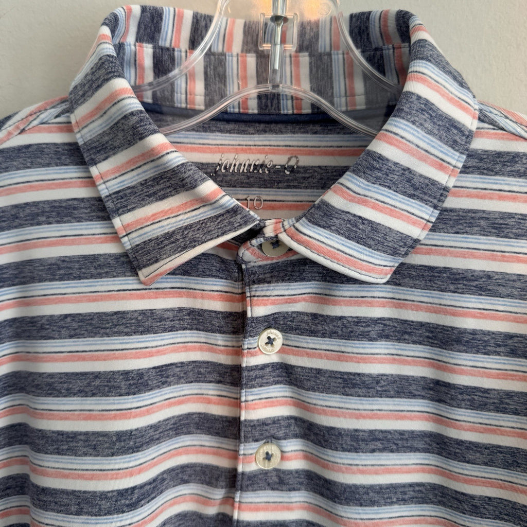 Johnnie-O Boys Crew Polo Lake Blue Striped Performance Jersey Shirt Youth 10