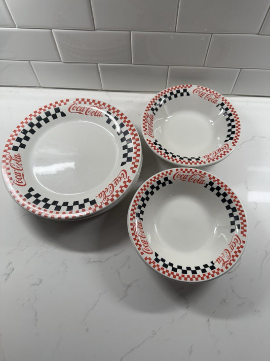 Coca Cola Gibson Racing Red & Black Checkered Dinner Plates & Bowls Set Of 4