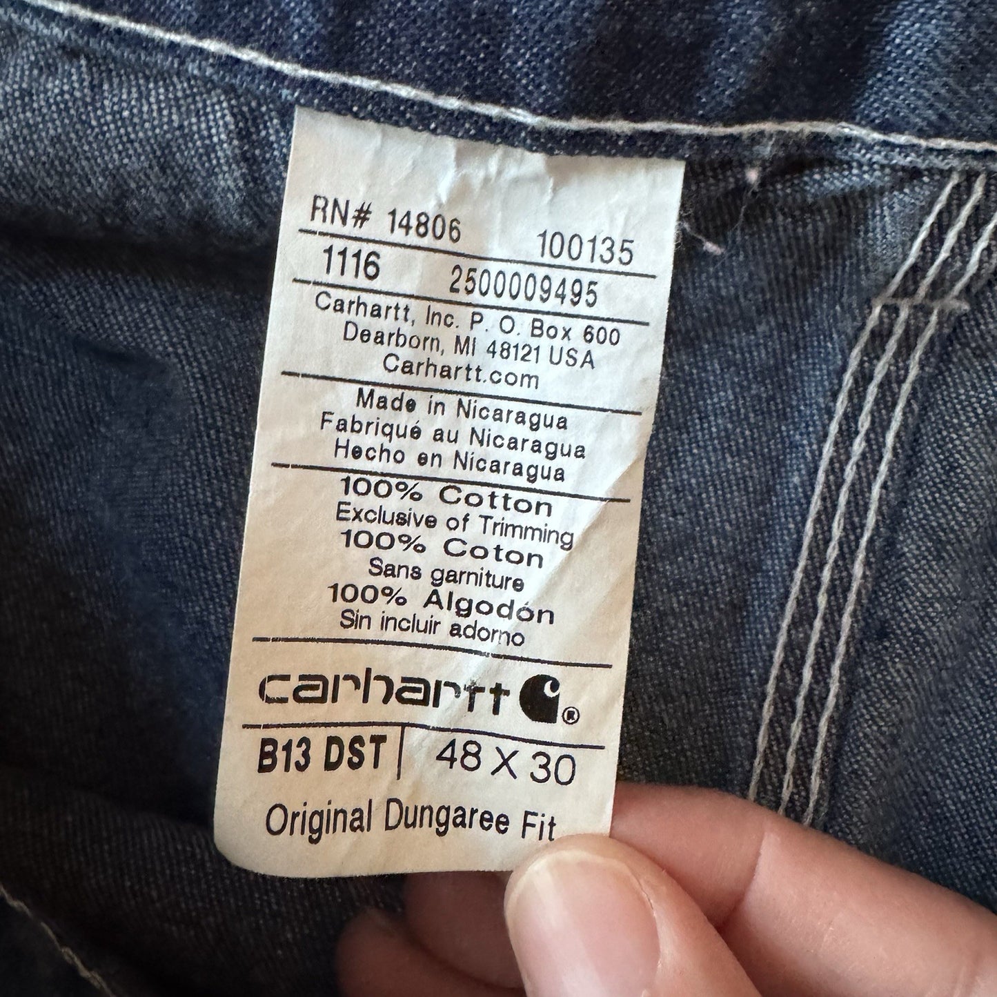 Carhartt B13 DST Original Dungaree Fit Jeans 48x30 Blue Denim Work Pants USA