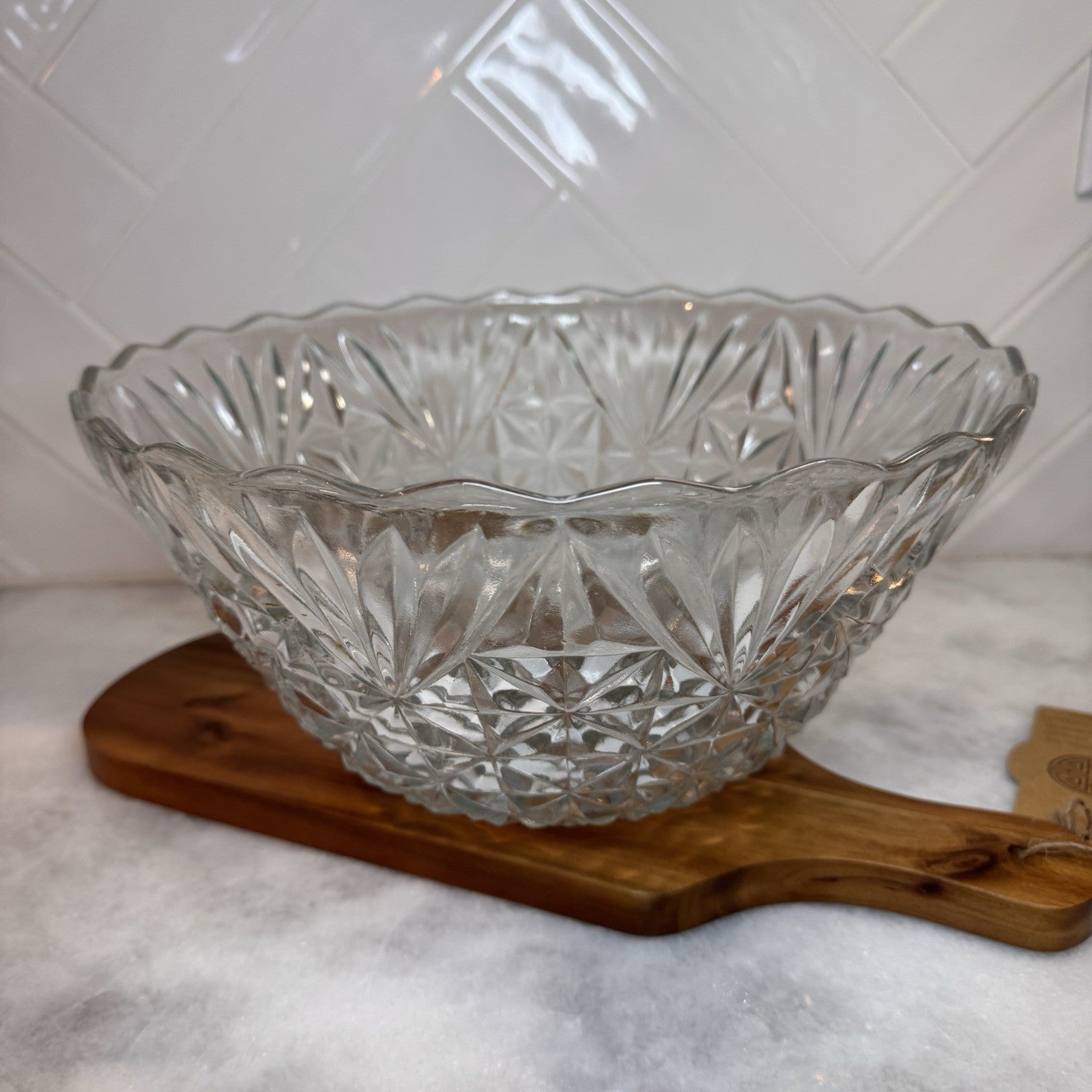 Vintage Cut Glass Bowl Starburst Pattern Clear Serving Dish Anchor Hocking