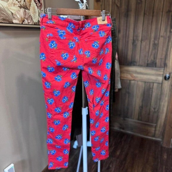 Abercrombie & Fitch Womens Floral Skinny Jeans Size 8 Red With Blue Flowers