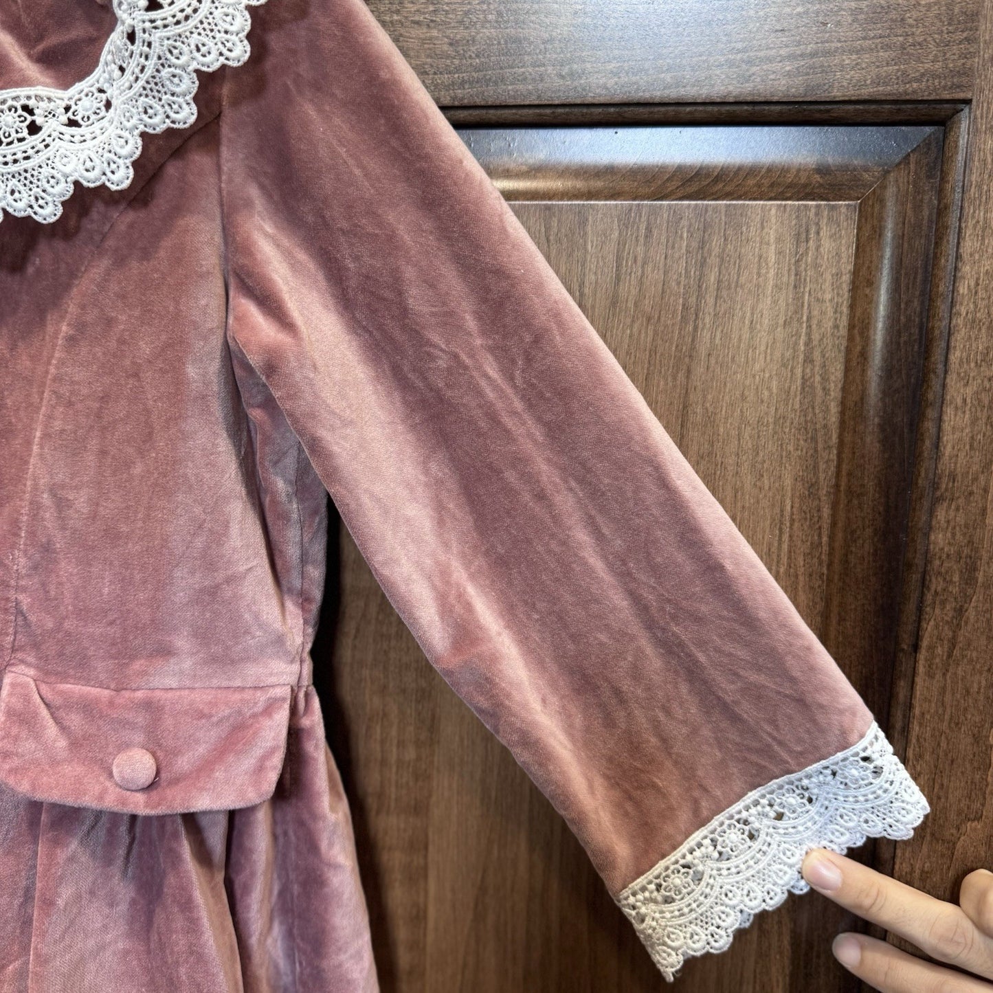 La Coqueta Velvet Pink Long Sleeve Dress with Lace Trim | Size 8 | 100% Cotton