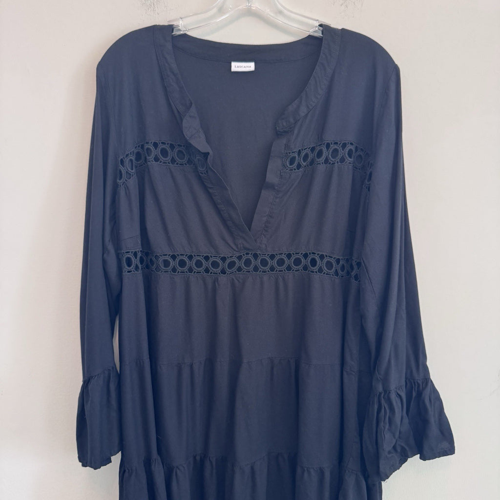 LASCANA Black Boho Tunic Dress Womens US 12/14 Bell Sleeve Crochet Trim