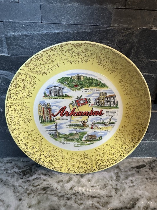 Vintage Arkansas State Souvenir Decorative Ceramic Plate with Gold Rim 10.25"
