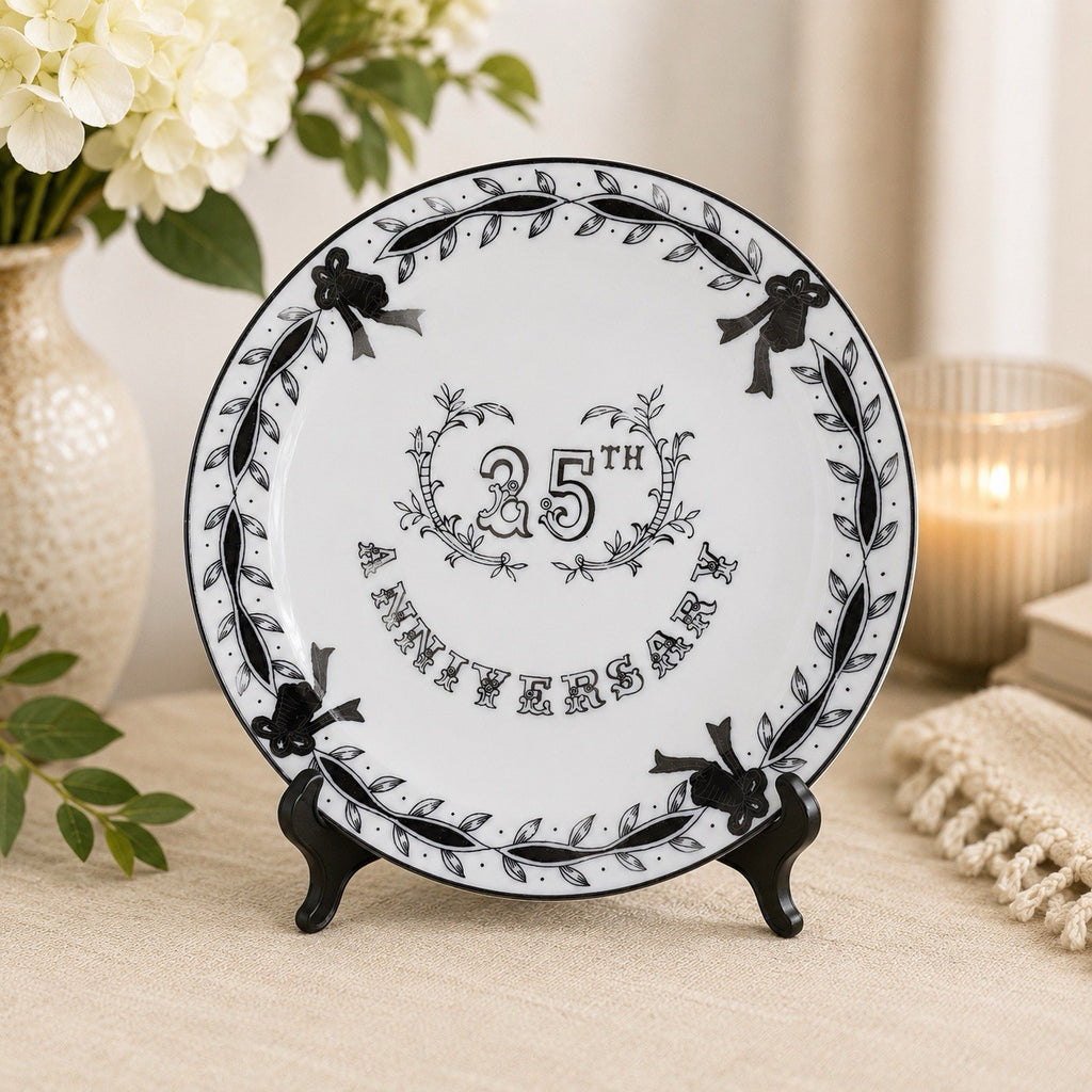 Lefton China 25th Anniversary Plate Black White Silver Wedding 10”