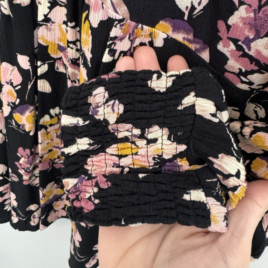 Torrid Floral Babydoll Blouse Size 2 Black Pink Smocked Boho Top Women’s