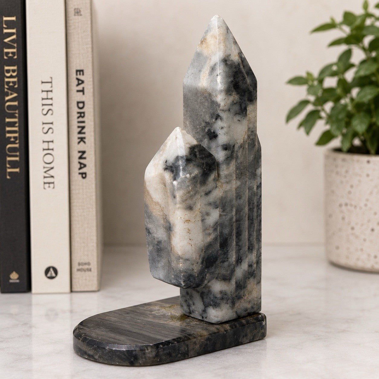 Vintage Marble Stone Obelisk Bookend Gray White Natural Stone Decor 7.5”