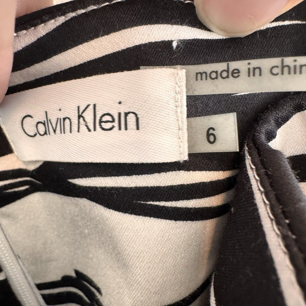 Calvin Klein Women 6 Sheath Dress Abstract Black White Brushstroke Cotton