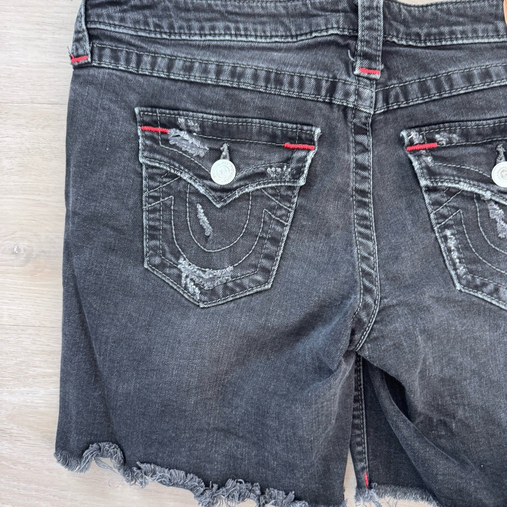 True Religion Y2K Cut Off Shorts 30 Black Red Stitch Flap Women’s