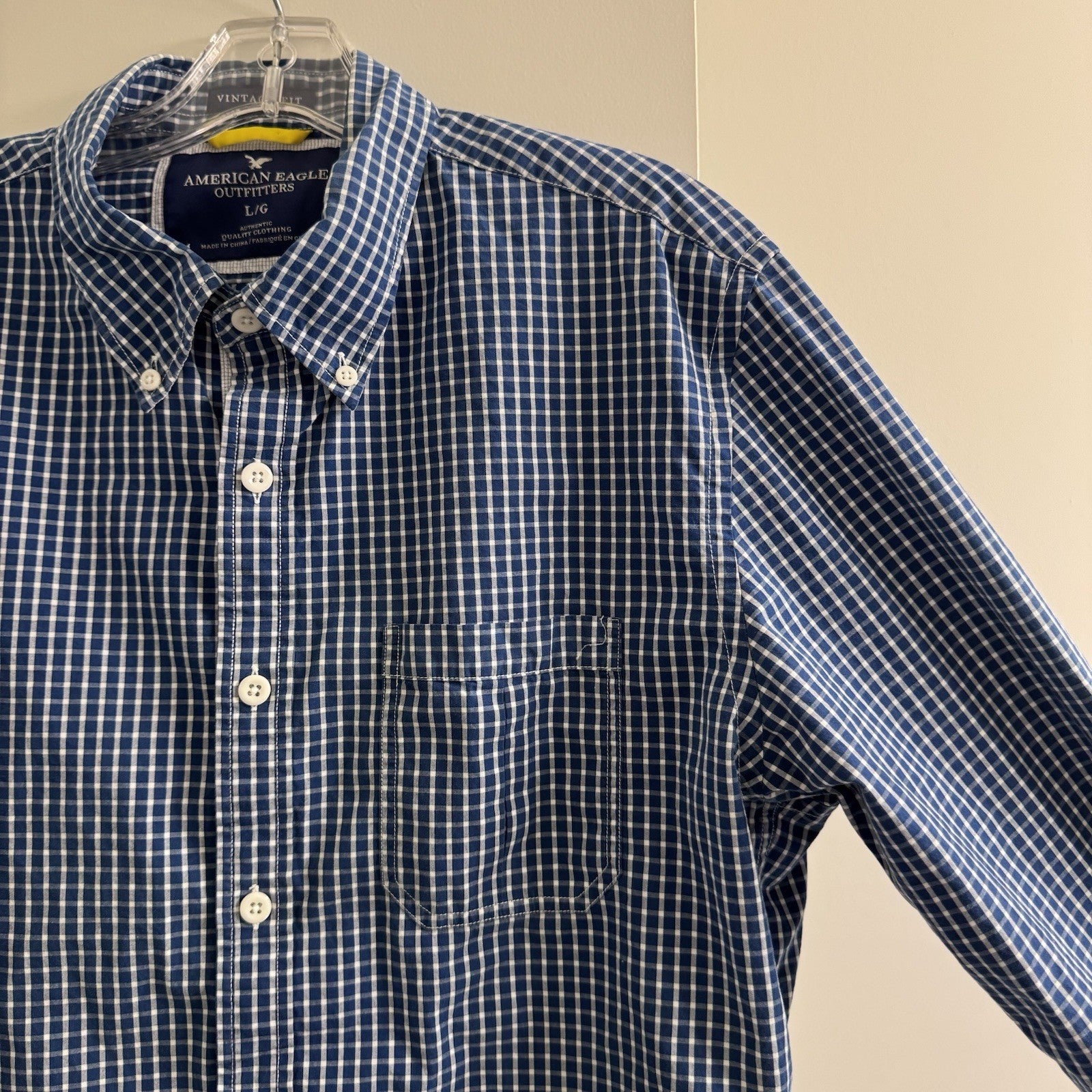 American Eagle Blue Plaid Shirt Men L Button Down Cotton Long Sleeve Casual