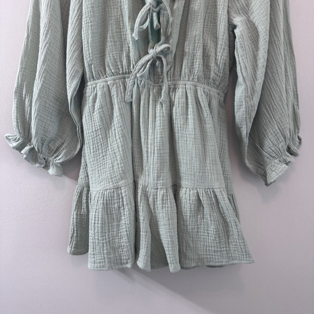 Entro Mint Gauze Romper Dress M Boho Tie Front Tiered Cotton