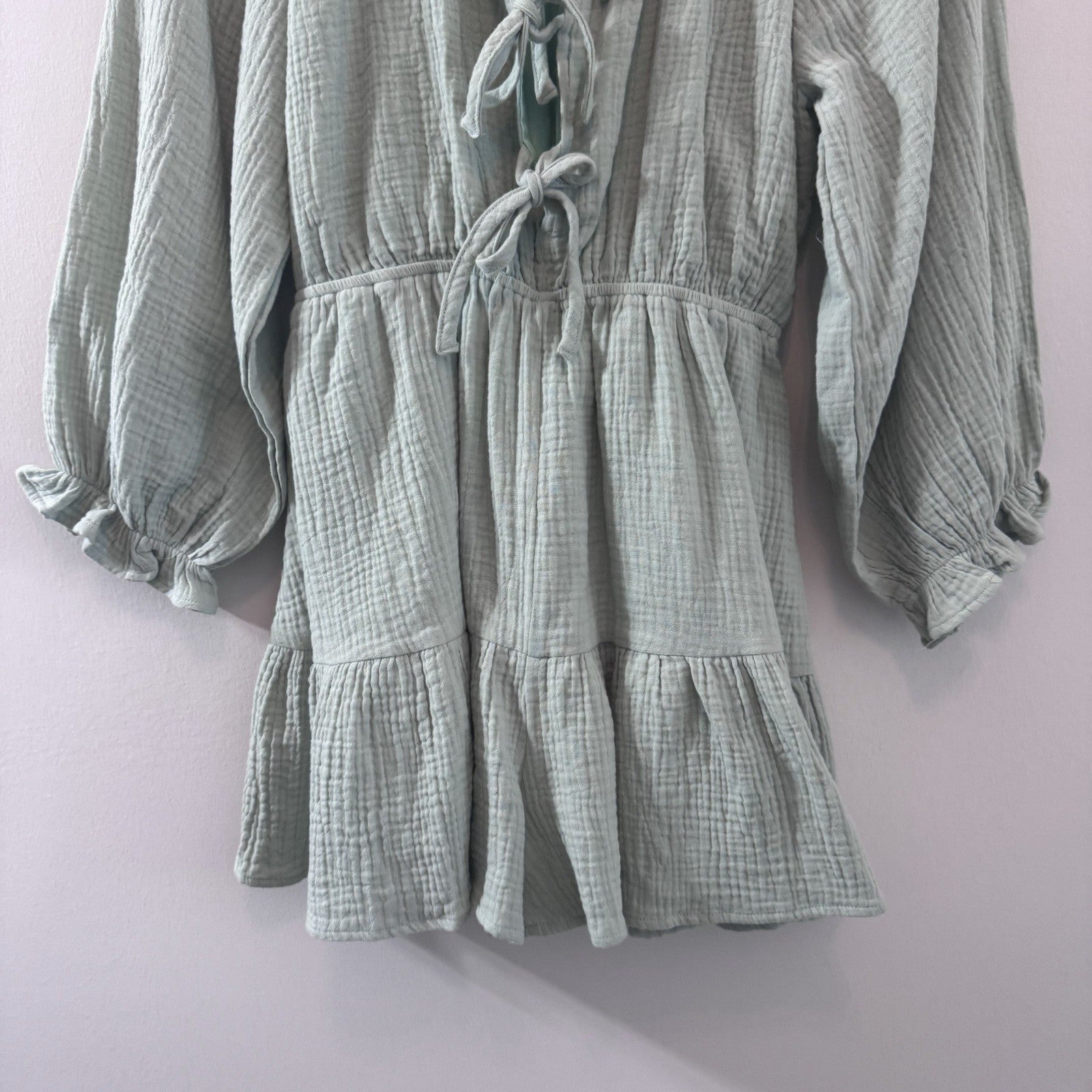 Entro Mint Gauze Romper Dress M Boho Tie Front Tiered Cotton