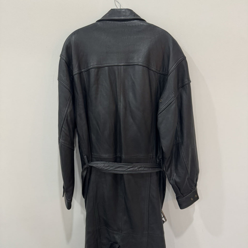 Wilsons Leather Black Trench Coat Mens Medium Belted Vintage Long Jacket