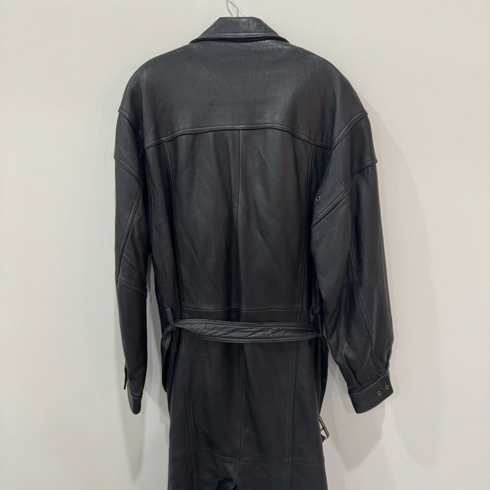 Wilsons Leather Black Trench Coat Mens Medium Belted Vintage Long Jacket