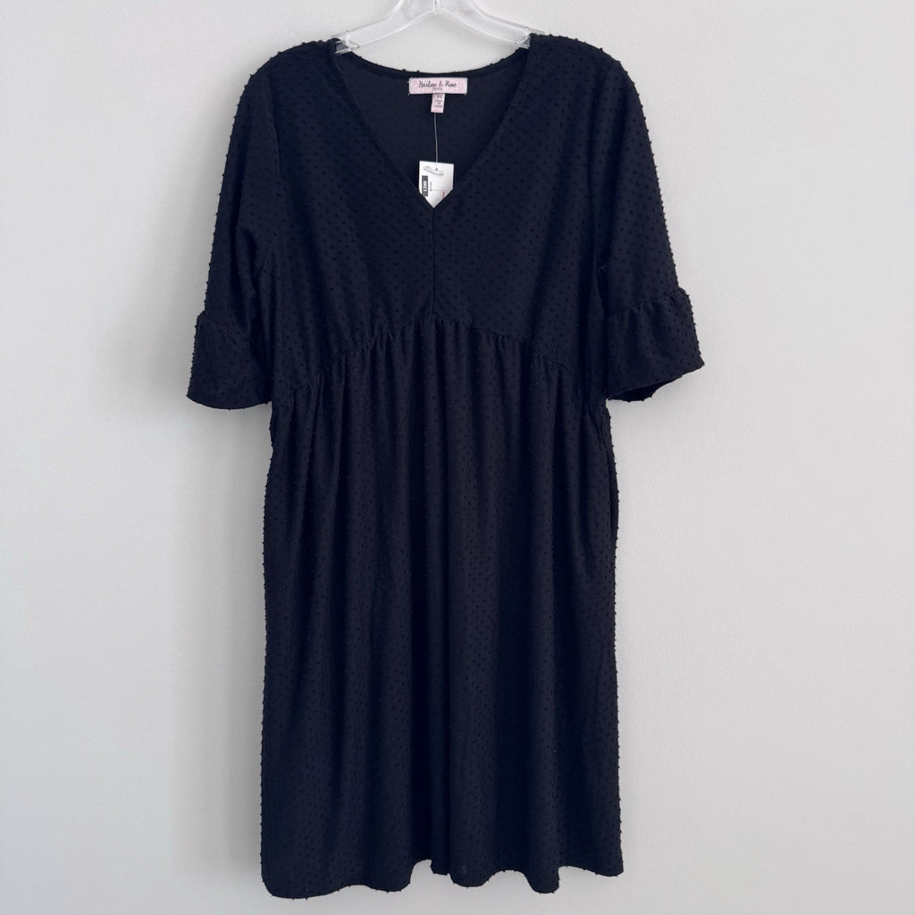 Harlow & Rose Petite Black Swiss Dot Dress PL NWT V Neck Midi