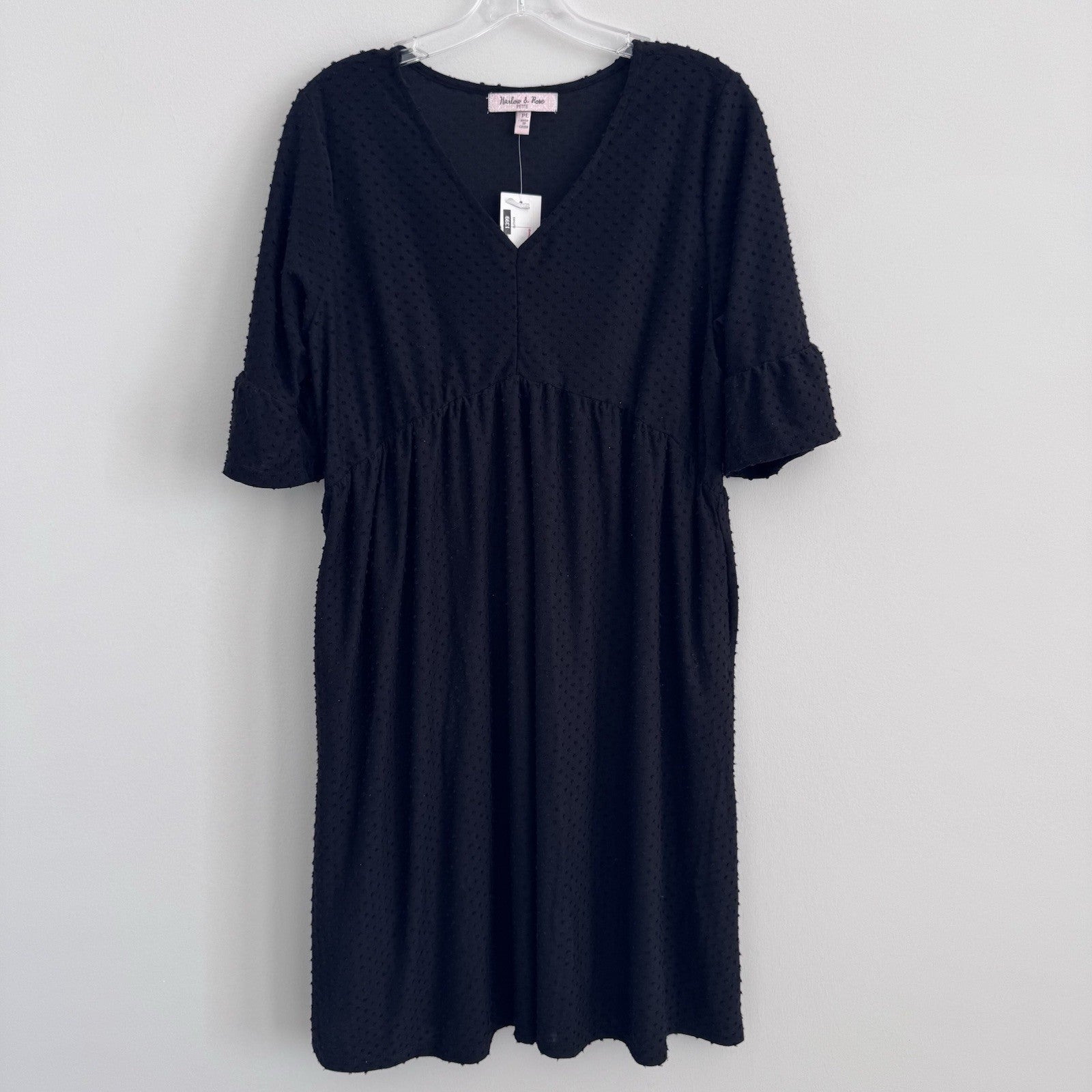 Harlow & Rose Petite Black Swiss Dot Dress PL NWT V Neck Midi