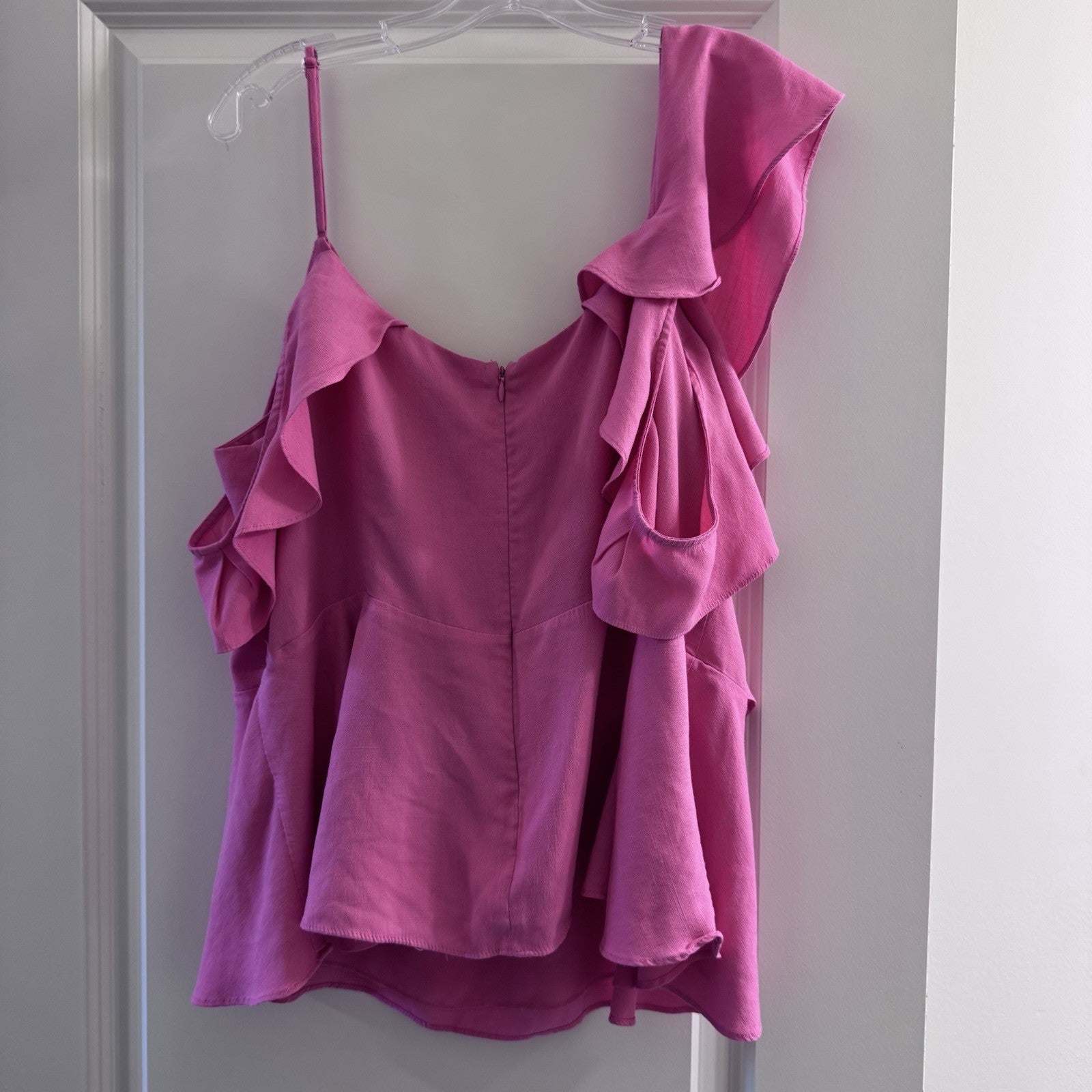Versona Pink Ruffle Cold Shoulder Blouse XXL Asymmetrical Neckline Feminine 