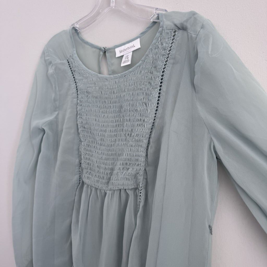 Women’s Motherhood Maternity Blouse Size S Smocked Chiffon Sage Long Sleeve